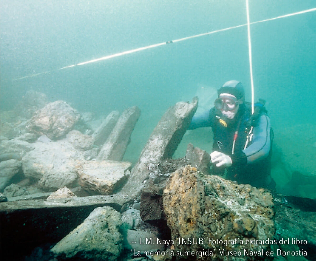 Arqueologia submarina, un buceador examina restos bajo el agua.