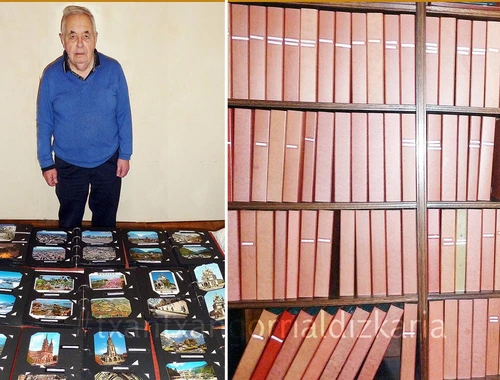 Cesareo ugarte con una parte de su colección de postales