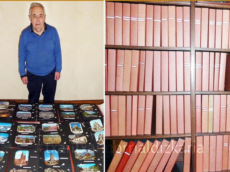 Cesareo ugarte con una parte de su colección de postales
